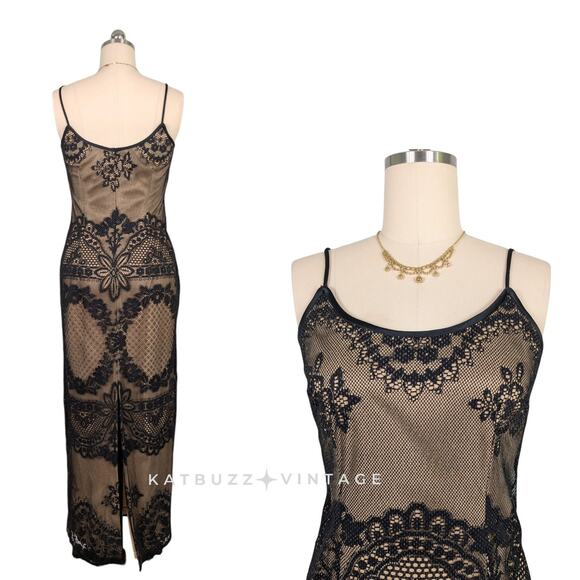 Vintage Lace Prom Dress Maxi Gown 8 Black Tan Y2K 90s Illusion Mesh Grunge  Glam